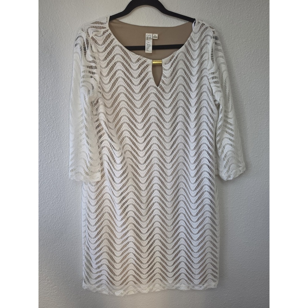 Emma & Michele Chevron Dress XL White Beige 3/4 Sleeve Round Neck Midi Wrap